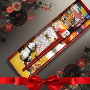 Golden Turtle Brand Pałeczki do sushi bambusowe 1 para z podstawką kotek w pudełku na prezent 4