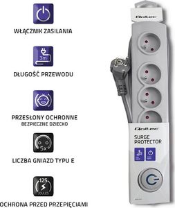Listwa zasilająca Qoltec Swift przeciwprzepięciowa 5 gniazd 3 m szara (5901878502724) 3