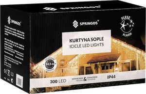 Springos Kurtyna świetlna 300 led girlanda, lampki wewnętrzno-zewnętrzne sople ciepły biały z zimnym białym flash UNIWERSALNY 12
