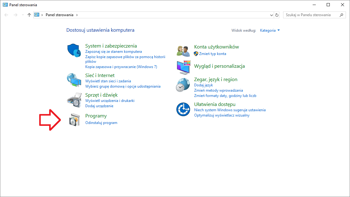 Panel sterowania i opcja odinstalowania programu na wolno działającym komputerze