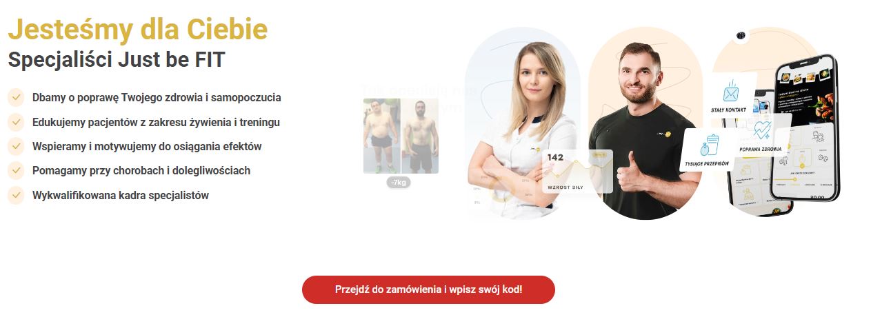 Zrzut ekranu pokazujący przycisk 'Przejdź do zam&oacute;wienia i wpisz sw&oacute;j kod!' na stronie Just be Fit.