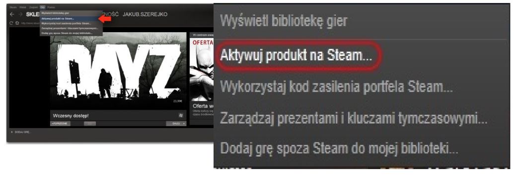Zrzut ekranu menu Gry na platformie Steam z zaznaczoną opcją 'Aktywuj produkt na Steam...'.