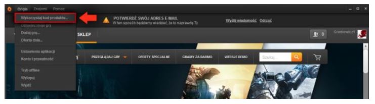 Zrzut ekranu menu Origin z zaznaczoną opcją 'Wykorzystaj kod produktu...'