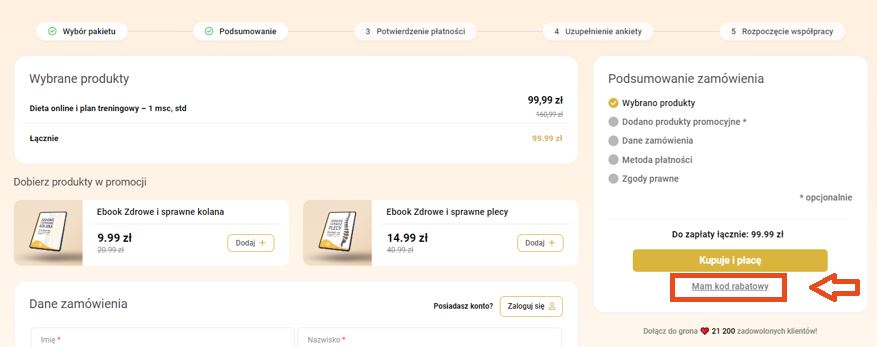 Zrzut ekranu formularza zam&oacute;wienia z zaznaczonym przyciskiem 'Mam kod rabatowy'.
