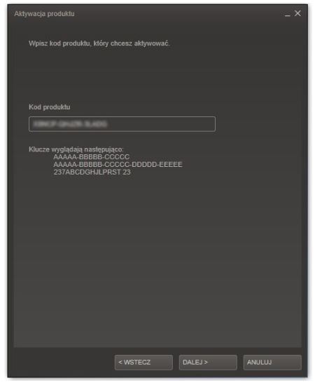 Okno aktywacji produktu Steam z polem na wpisanie kodu produktu.