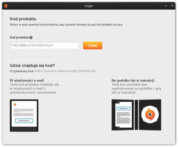 Okno wykorzystywania kodu produktu na platformie Origin z polem do wpisania kodu.
