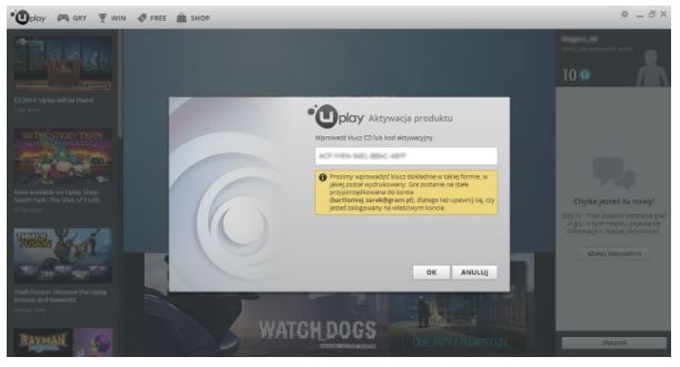 Okno aktywacji klucza na platformie Ubisoft Connect z polem do wpisania kodu.