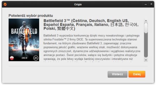 Okno instalatora Origin z potwierdzeniem wyboru języka i lokalizacji instalacji.