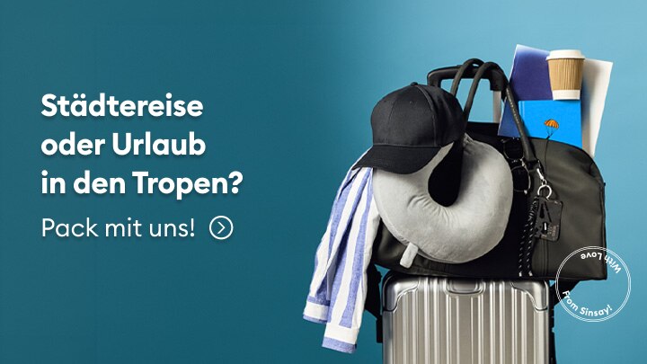 Werbebanner zur Inspiration für die Reisevorbereitung, zeigt Reisegepäck mit Essentials für Städtereise oder Tropenurlaub und bewirbt Must-haves von Sinsay.