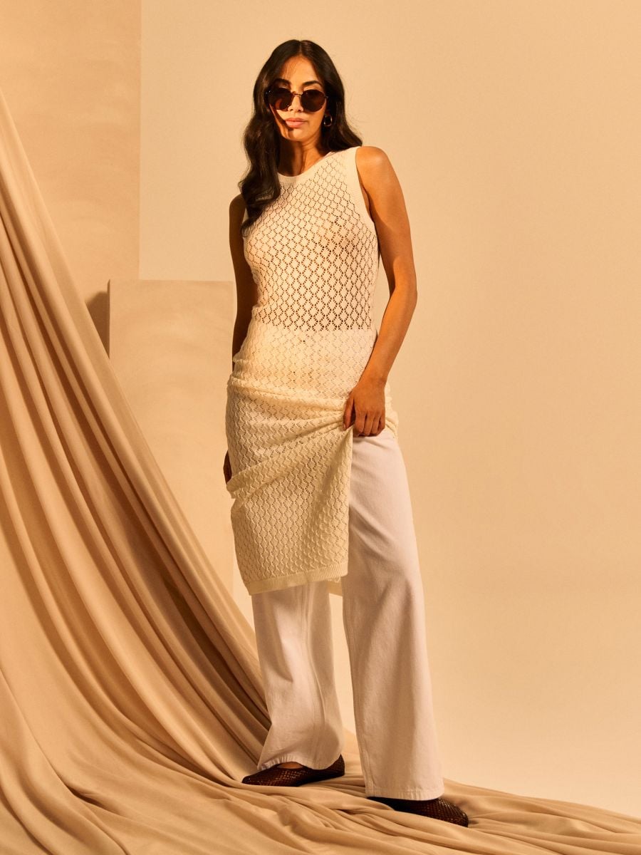 Blugi wide leg high waist cu curea din material - alb - SINSAY