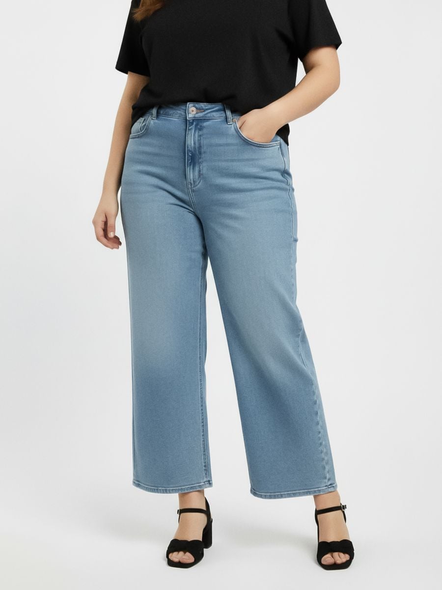 Blugi wide leg cu efect spălat Plus size - albastru - SINSAY