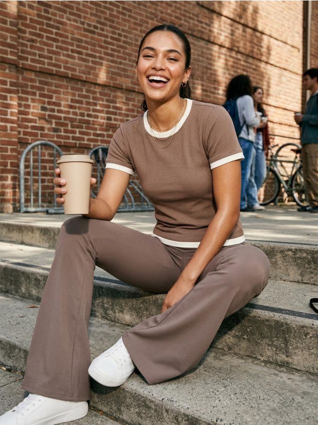 Geripptes Basic-Tshirt mit Kontrastpaspel und Viskoseanteil